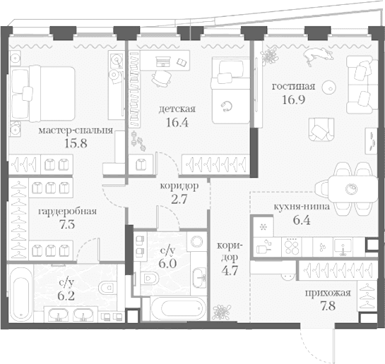 Планировка: 2-комнатная квартира 90,2 м² в ЖК «Муза»