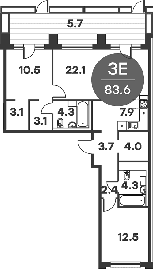 Планировка: Евротрёшка 82,4 м² в ЖК «Равновесие»