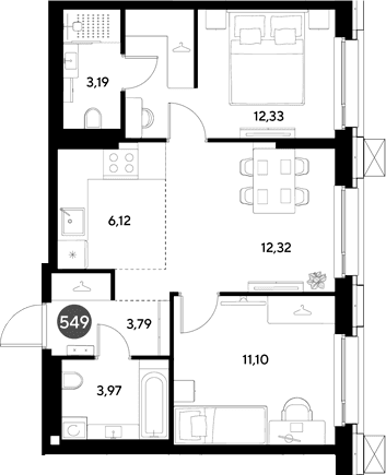 Планировка: Евротрёшка 52,8 м² в ЖК «ЭВО»