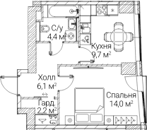 Планировка: 1-комнатная квартира 36,6 м² в ЖК «СЕЗАР БУДУЩЕЕ»