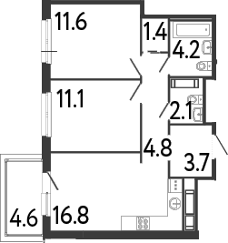 Планировка: Евротрёшка 55,7 м² в ЖК «Передвижники»