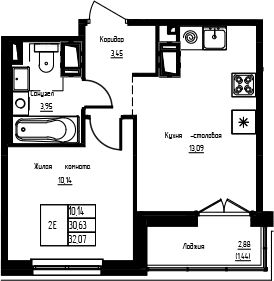 Планировка: Евродвушка 30,6 м² в ЖК «Кронунг-Янино»