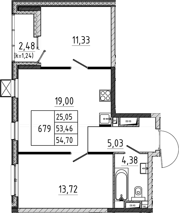 Планировка: Евротрёшка 53,5 м² в ЖК «Поварово-Молодежный-2»