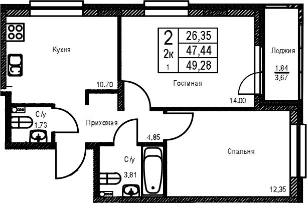 Планировка: 2-комнатная квартира 47,4 м² в ЖК «ID Kudrovo II»