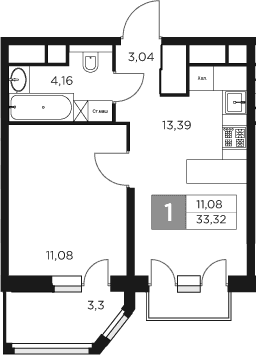 Планировка: 1-комнатная квартира 31,7 м² в ЖК «Восток 2»