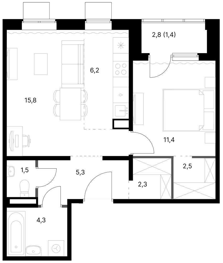 Планировка: Евродвушка 49,3 м² в ЖК «1-й Ясеневский»