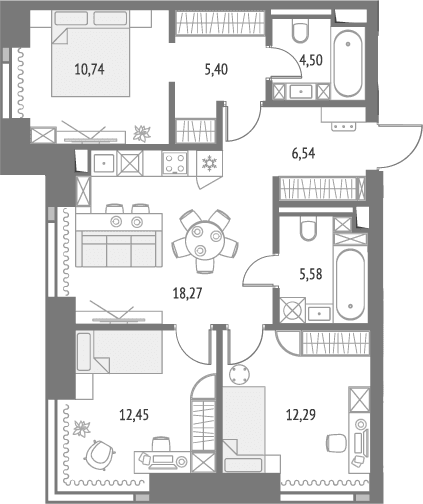Планировка: Квартира евро-4 76,8 м² в ЖК «Апсайд Тауэрс»