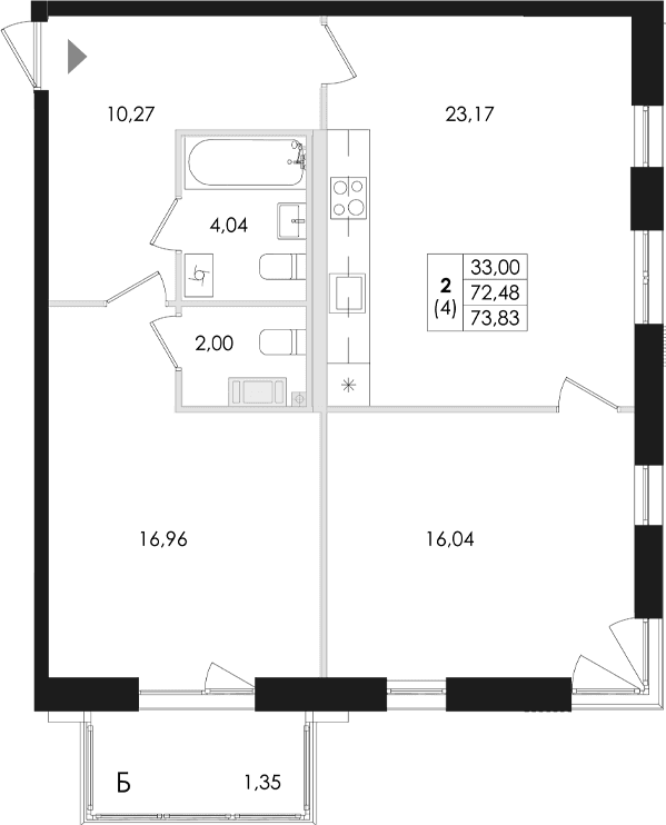 Планировка: Евротрёшка 72,5 м² в ЖК «Лисино»