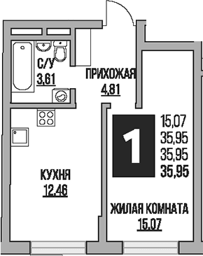Планировка: 1-комнатная квартира 36 м² в ЖК «Гранель Живописный»