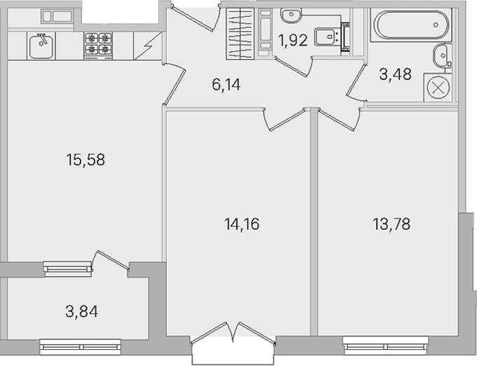 Планировка: Евротрёшка 55,1 м² в ЖК «Дубровский»