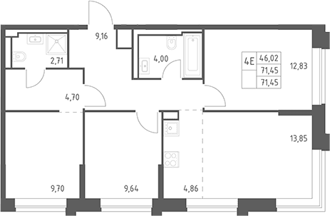 Планировка: Квартира евро-4 71,5 м² в ЖК «Верейская 41»