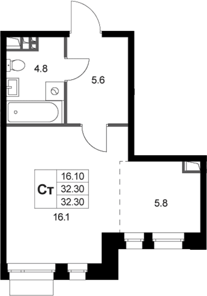 Планировка: Студия 32,3 м² в ЖК «Кореневский Форт 2.3»