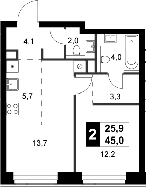 Планировка: Евродвушка 45 м² в ЖК «Амбер Сити»