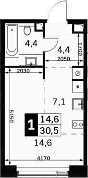 Планировка: Студия 30,5 м² в ЖК «Амбер Сити»