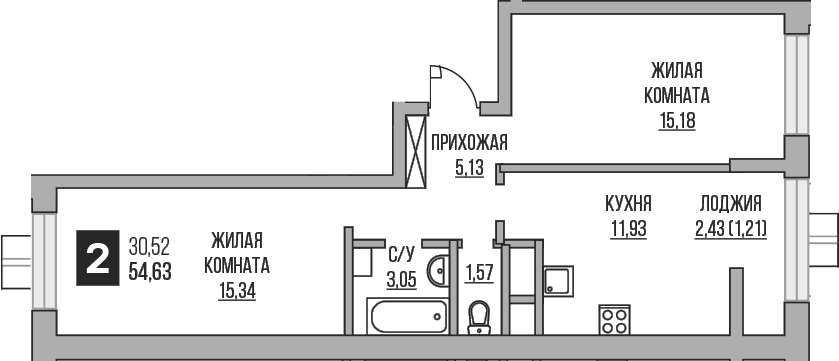 Планировка: 2-комнатная квартира 52,2 м² в ЖК «Гранель Пехра»