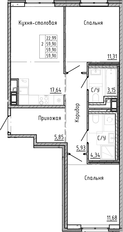 Планировка: 2-комнатная квартира 59,9 м² в ЖК «ОКЛА»