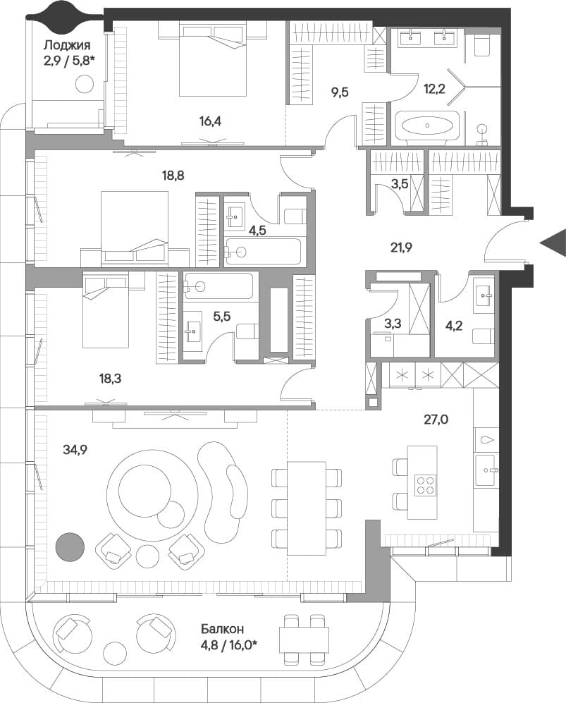 Планировка: Квартира евро-4 180 м² в ЖК «Springs»