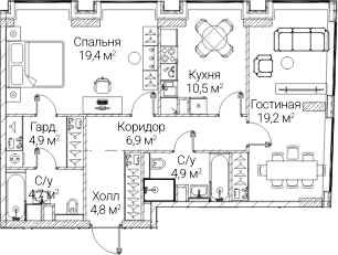 Планировка: 2-комнатная квартира 75,6 м² в ЖК «СЕЗАР БУДУЩЕЕ»