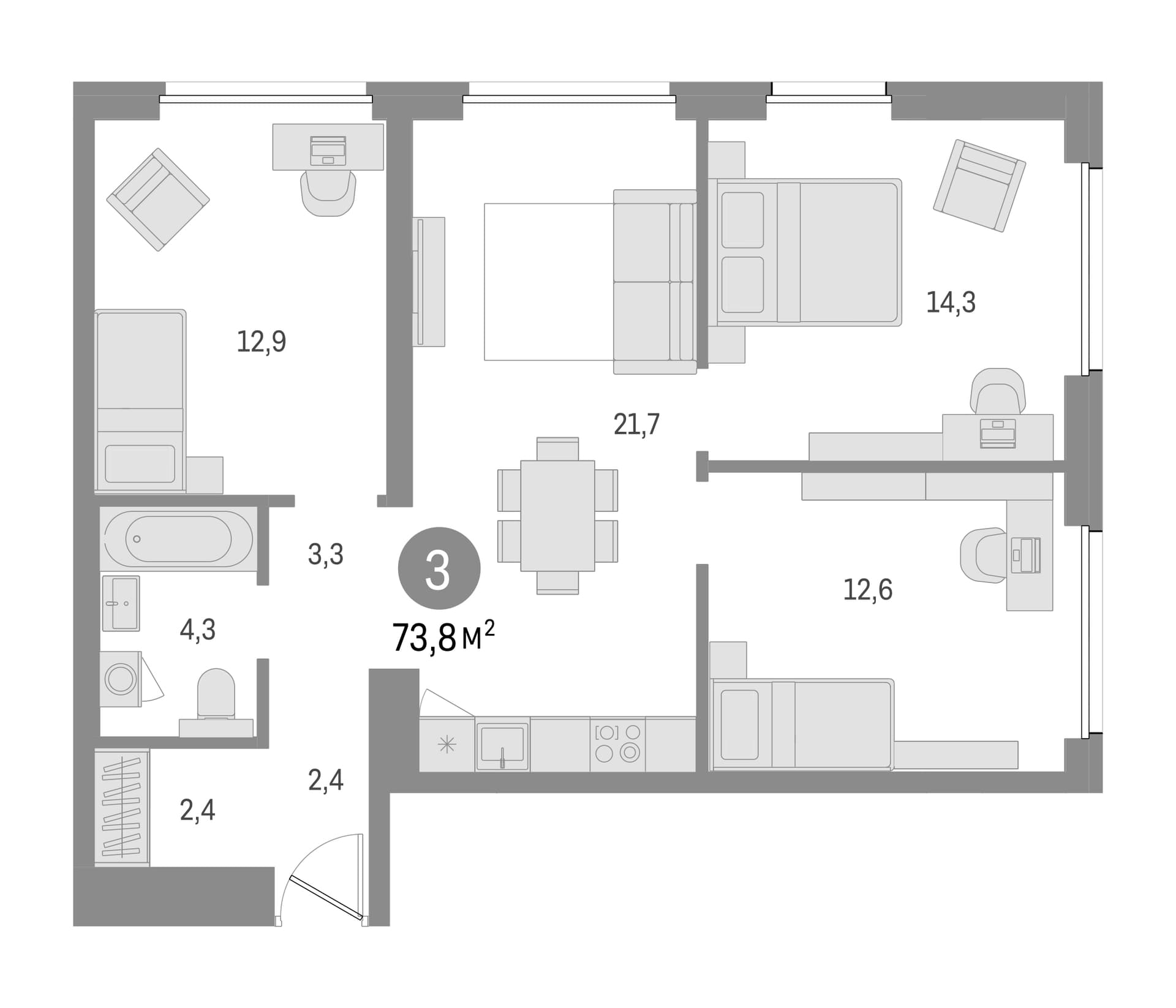 Планировка: 3-комнатная квартира 73,8 м² в ЖК «Северный ветер»