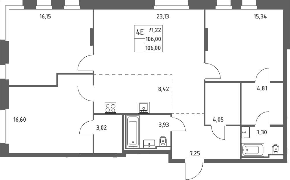 Планировка: Квартира евро-4 106 м² в ЖК «Заречье Парк»