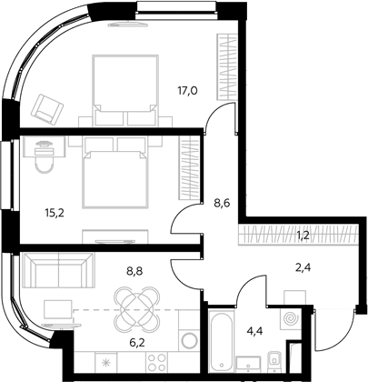 Планировка: Евротрёшка 63,7 м² в ЖК «Адмирал»