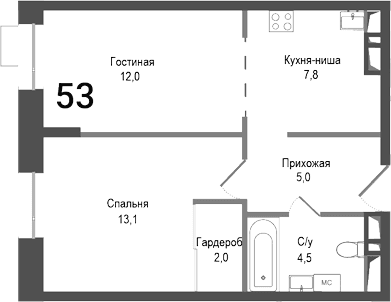 Планировка: Евродвушка 44,4 м² в ЖК «Киноквартал»