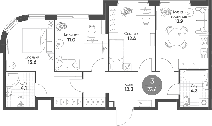 Планировка: Квартира евро-4 73,6 м² в ЖК «Шагал»