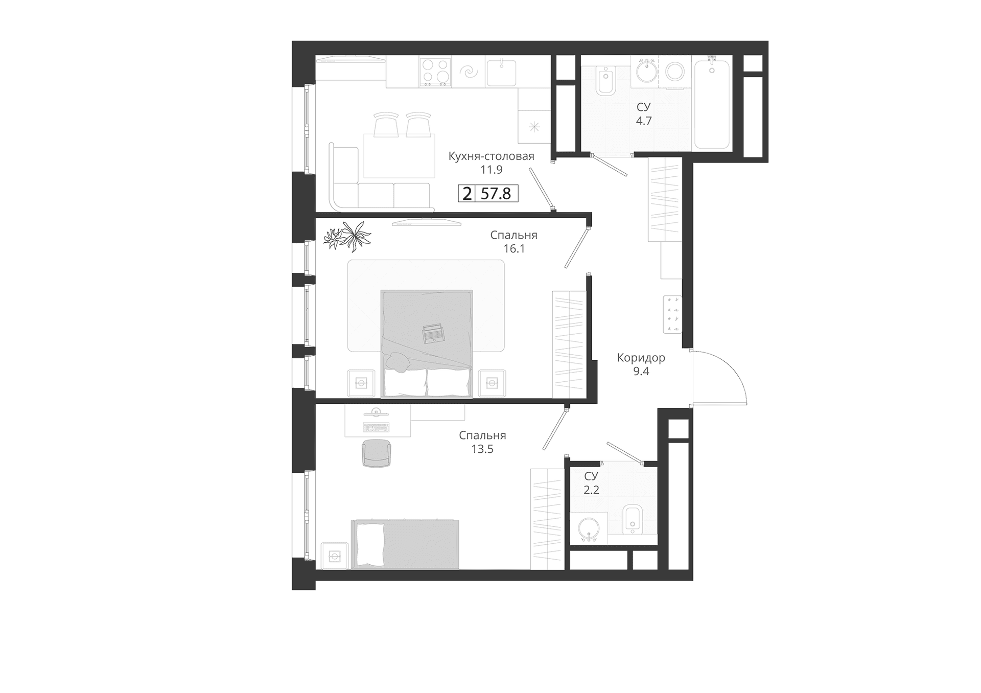 Планировка: Евротрёшка 57,8 м² в ЖК «ГРЭЙ»