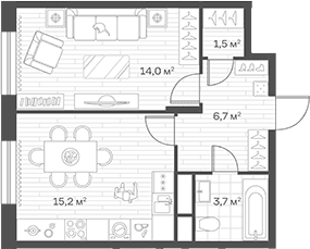 Планировка: 1-комнатная квартира 41,1 м² в ЖК «Аристов Берег»
