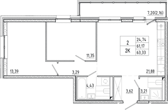 Планировка: Евротрёшка 61,2 м² в ЖК «Окла Вижн»