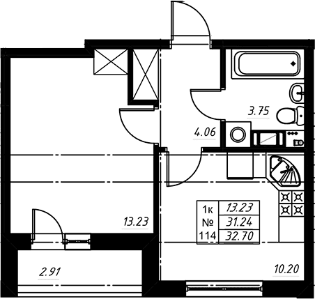 Планировка: 1-комнатная квартира 31,4 м² в ЖК «Огоньки»