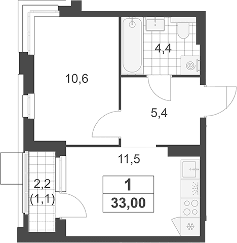 Планировка: 1-комнатная квартира 31,9 м² в ЖК «Южные сады»