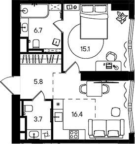 Планировка: Евродвушка 47,7 м² в ЖК «СТОУН Блик»