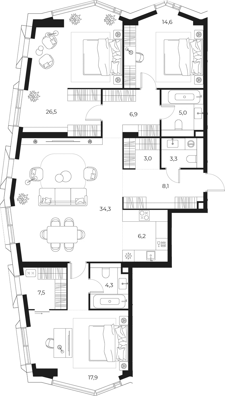 Планировка: Квартира евро-4 137,6 м² в ЖК «МАСТЕРС»