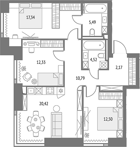 Планировка: Квартира евро-4 85,6 м² в ЖК «Апсайд Тауэрс»