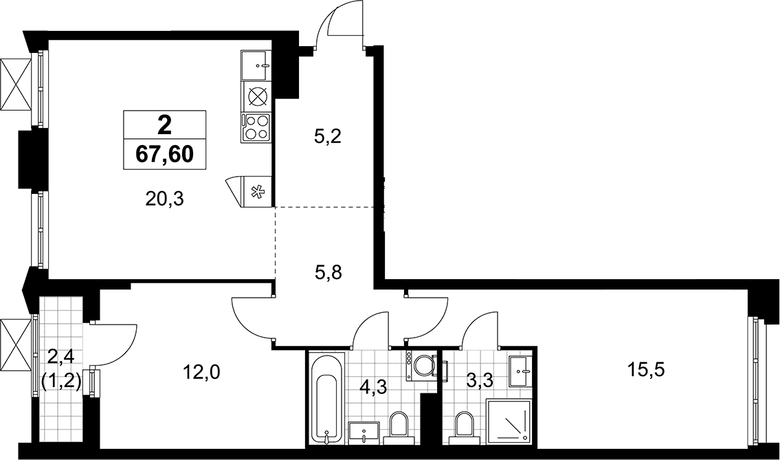 Планировка: Евротрёшка 66,4 м² в ЖК «Деснаречье»