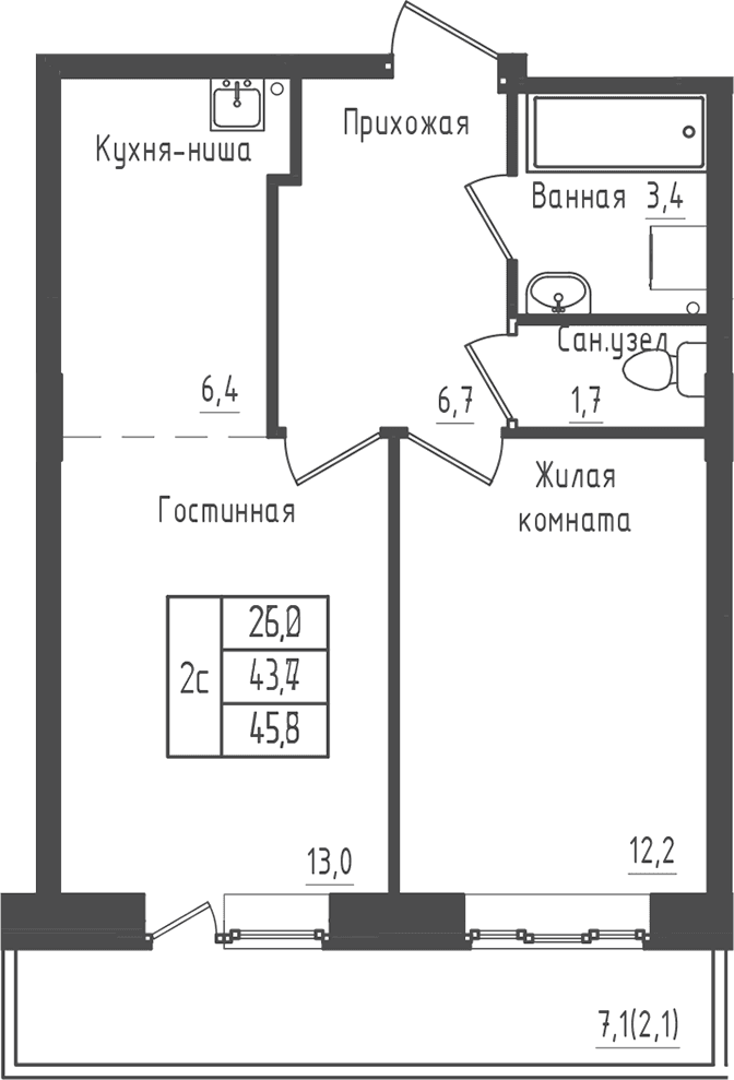 Планировка: 1-комнатная квартира 43,4 м² в ЖК «Зеленый город»