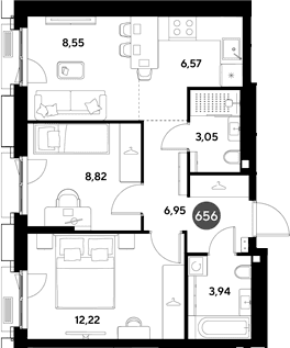 Планировка: Евротрёшка 50,1 м² в ЖК «ЭВО»