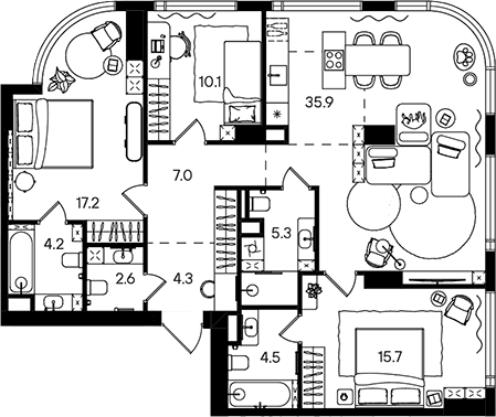Планировка: Квартира евро-4 106,8 м² в ЖК «СТОУН Блик»