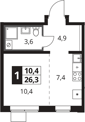 Планировка: Студия 26,3 м² в ЖК «1-й Южный»