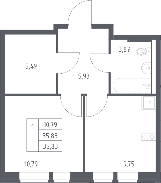 Планировка: 1-комнатная квартира 35,8 м² в ЖК «Квартал Авиаторов»