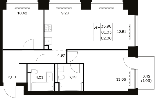 Планировка: Евротрёшка 61 м² в ЖК «НОВА»
