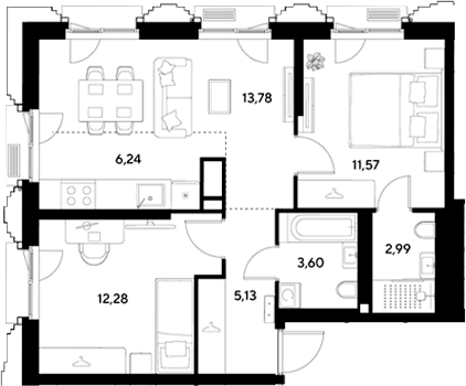 Планировка: Евротрёшка 55,6 м² в ЖК «ЭВО»