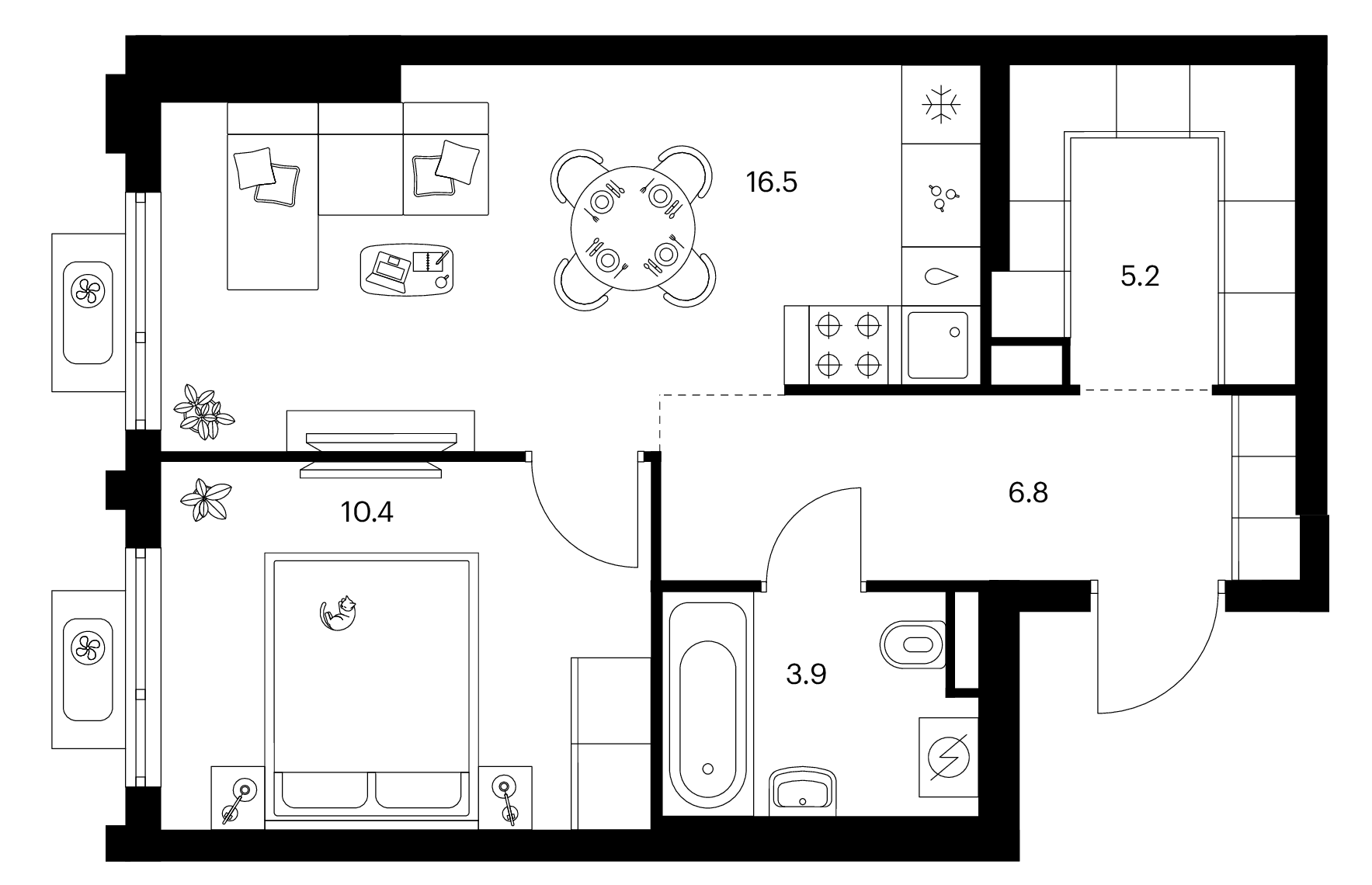 Планировка: 1-комнатная квартира 42,8 м² в ЖК «Белая Дача парк»
