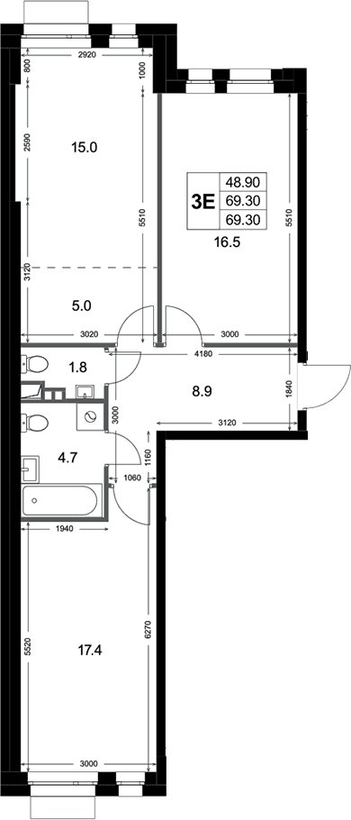 Планировка: Евротрёшка 69,3 м² в ЖК «Кореневский Форт 2.3»