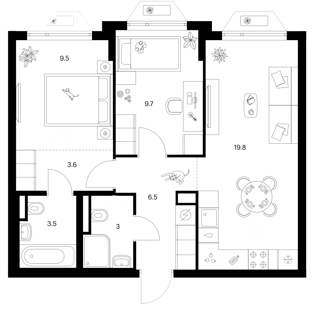 Планировка: 2-комнатная квартира 55,6 м² в ЖК «Зеленый парк»