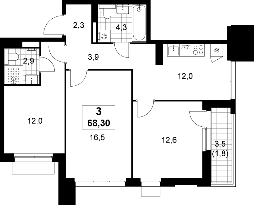 Планировка: 3-комнатная квартира 66,5 м² в ЖК «Деснаречье»