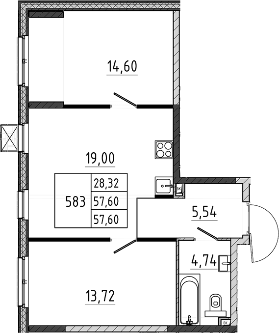 Планировка: Евротрёшка 57,6 м² в ЖК «Поварово-Молодежный-2»