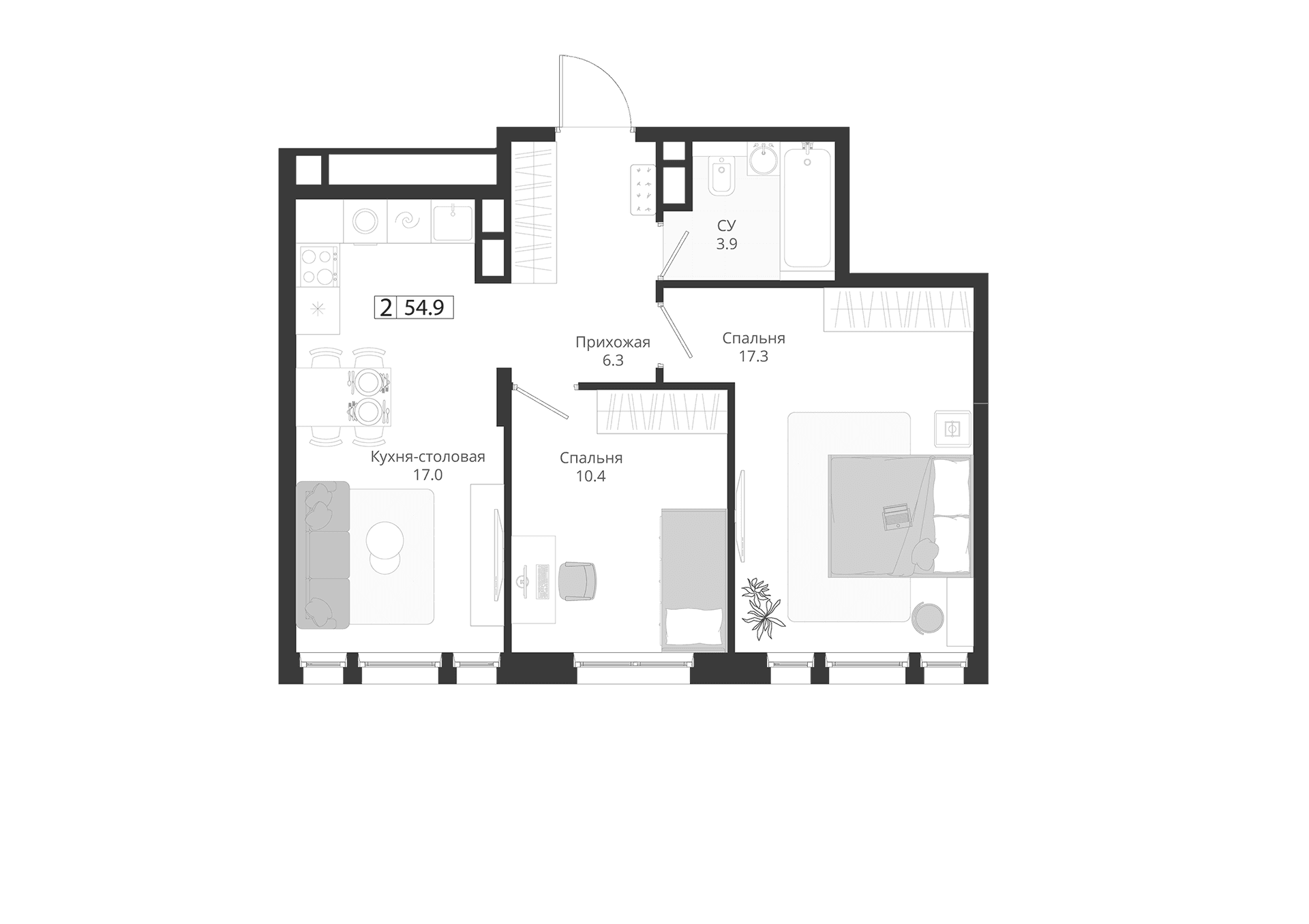 Планировка: Евротрёшка 54,9 м² в ЖК «ГРЭЙ»