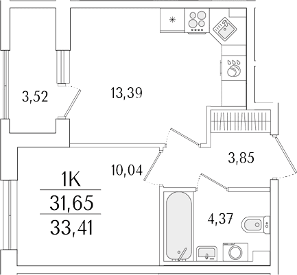 Планировка: 1-комнатная квартира 31,7 м² в ЖК «Гранат»